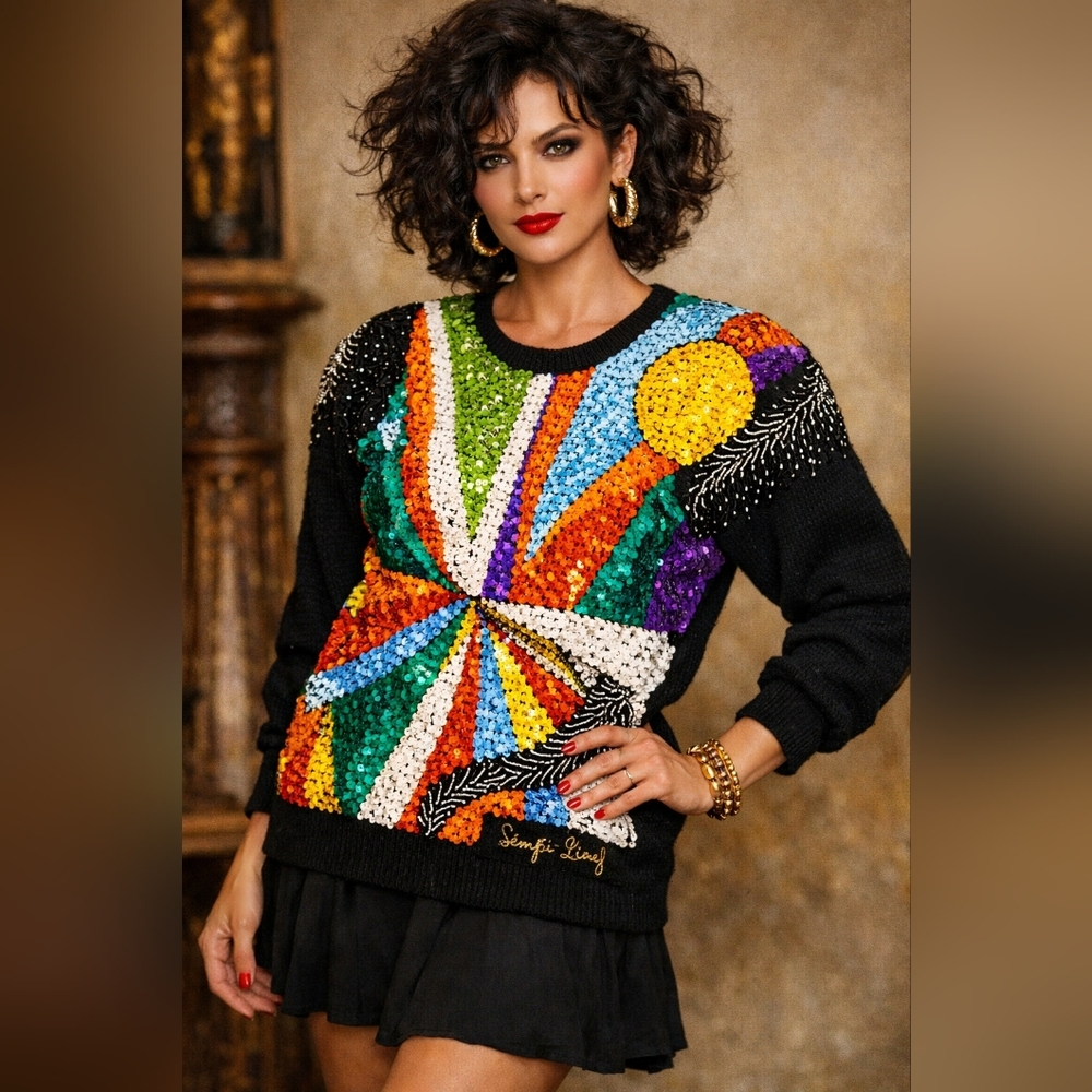 Vintage 90s Sémplice Signed Wool Sweater M Sequin Beaded Shoulder Pads